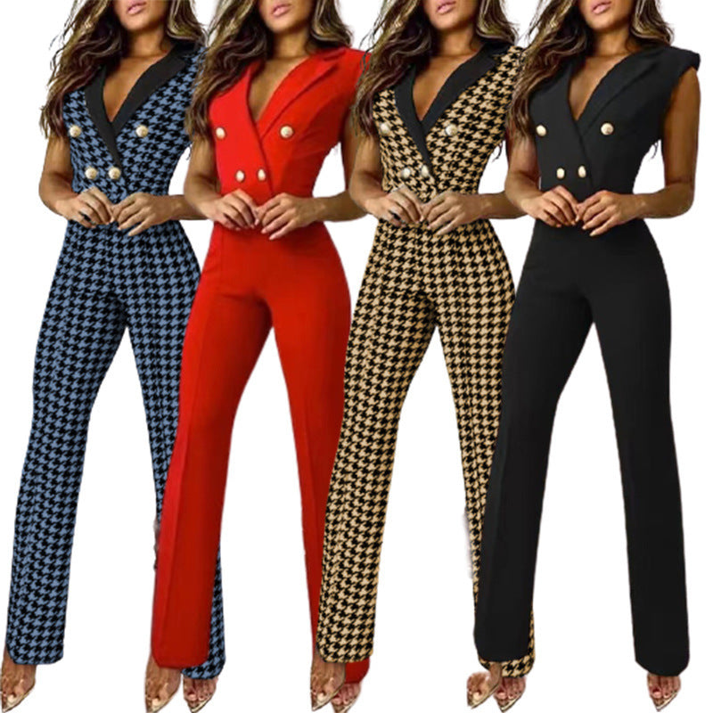 V-neck Houndstooth Jumpsuit Professional Wear Women
